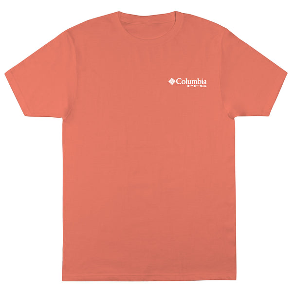 Coral t-shirt with Columbia logo on a white background