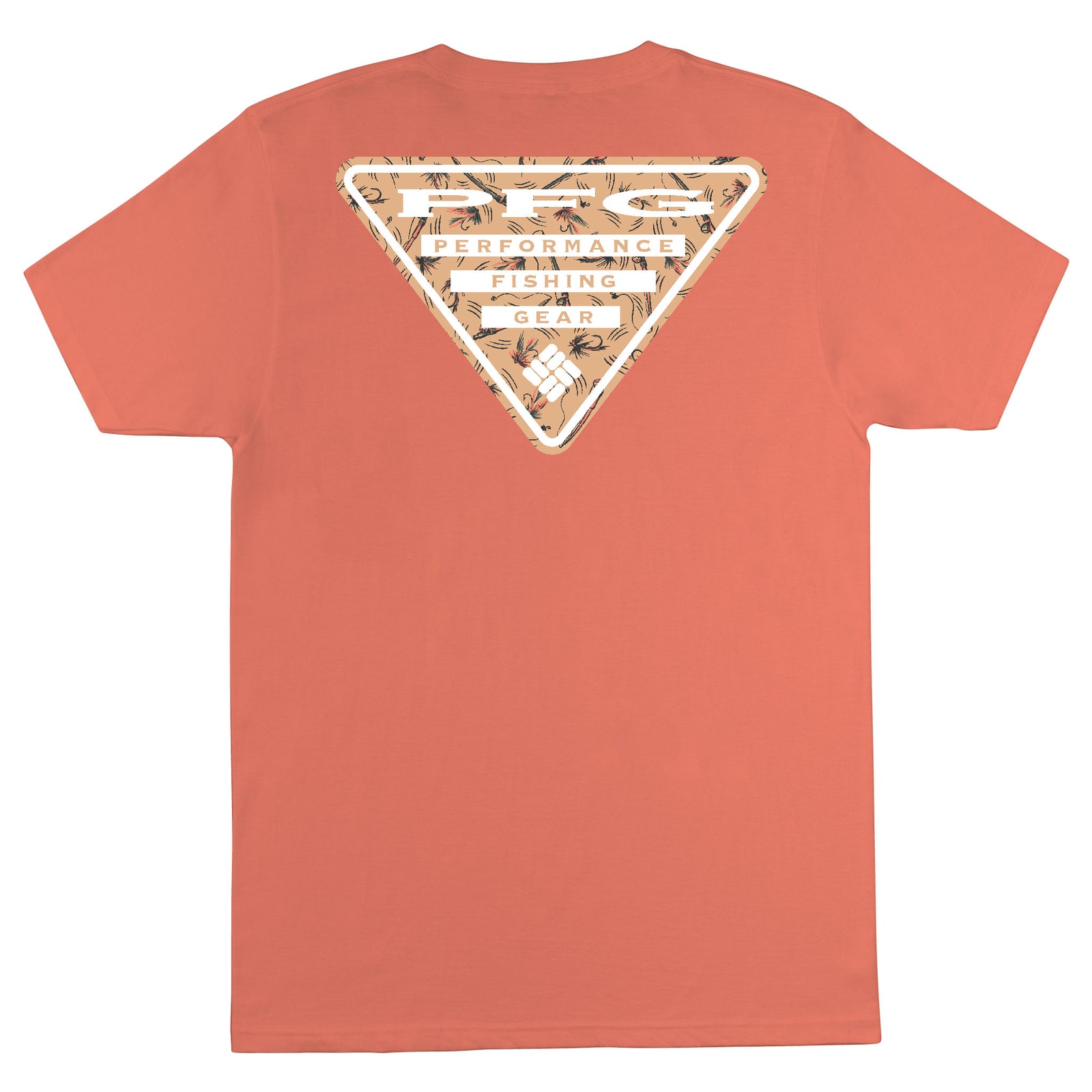 Coral t-shirt with a triangle logo on the back on a white background