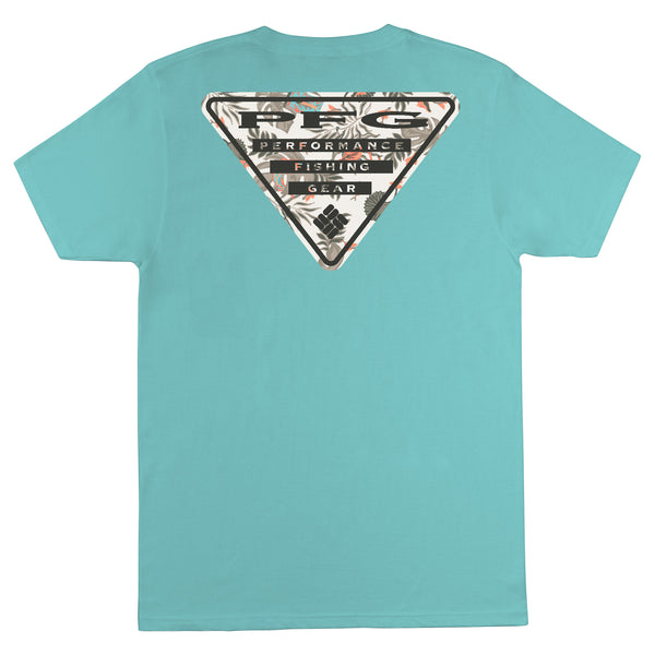 Teal t-shirt with a triangle logo on the back on a white background