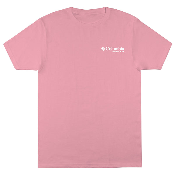 Pink t-shirt with Columbia logo on a white background