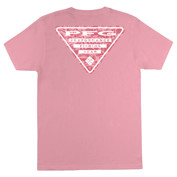 Pink t-shirt with a white triangle logo on the back against a white background