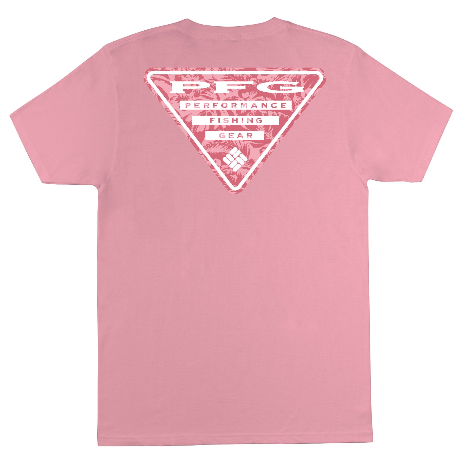 Pink t-shirt with a white triangle logo on the back against a white background