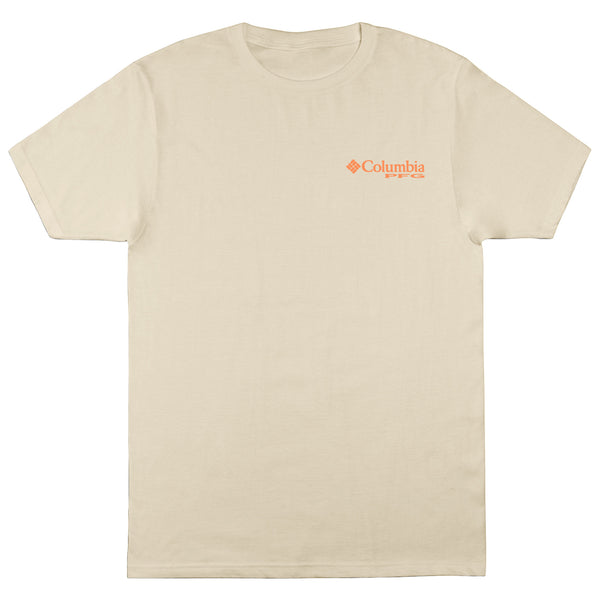Beige t-shirt with Columbia logo on a white background