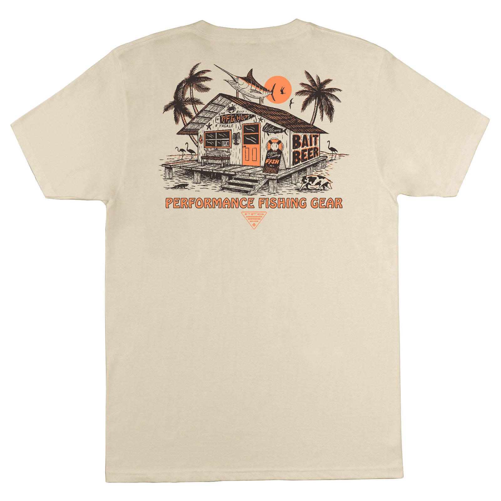Beige t-shirt with a graphic of a tackle shop and palm trees on a white background