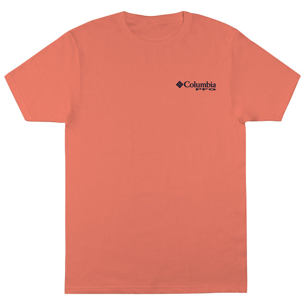 Coral t-shirt with Columbia logo on a white background