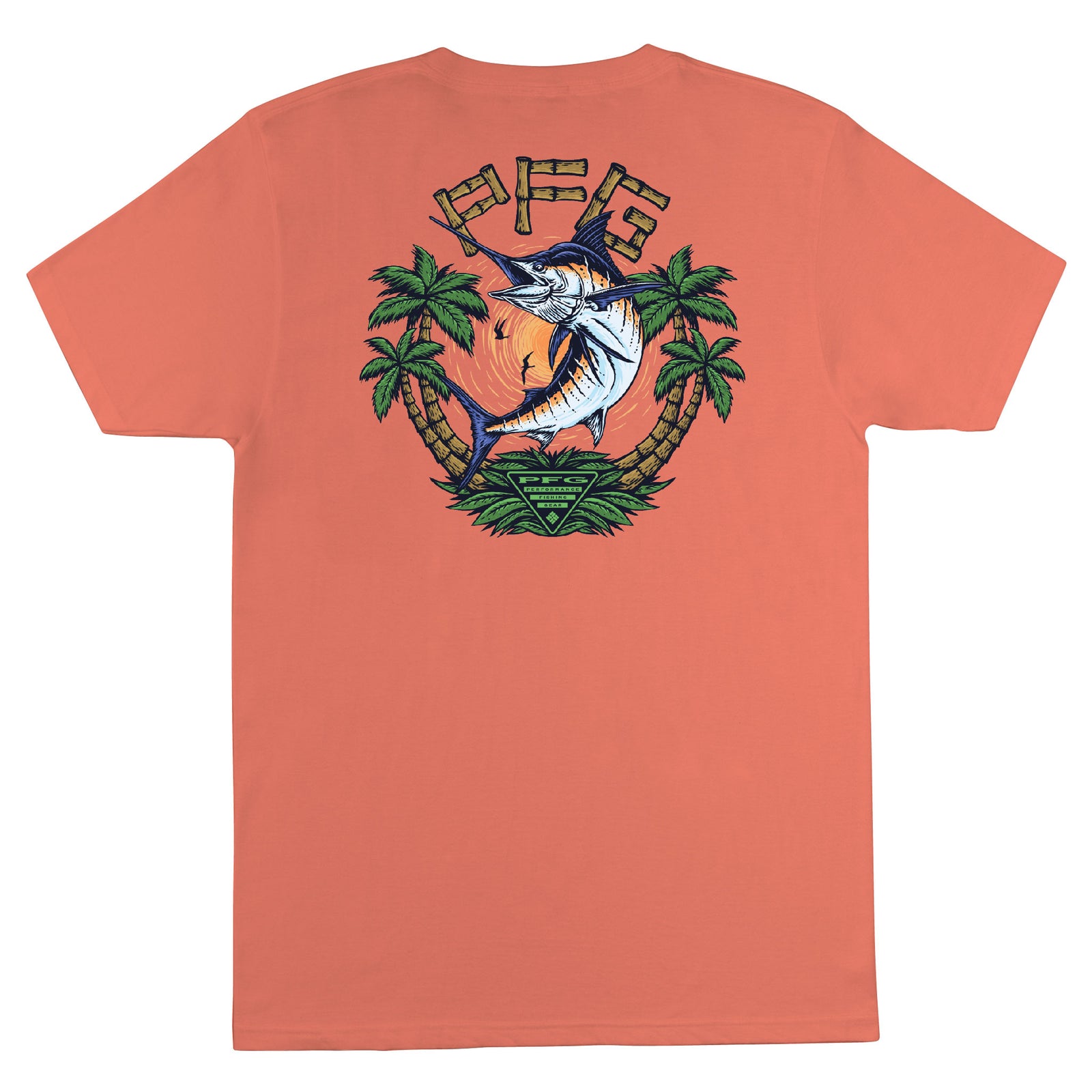 Coral t-shirt with a marlin and palm tree design on the back, on a white background.