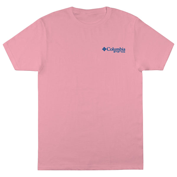 Pink t-shirt with Columbia logo on a white background