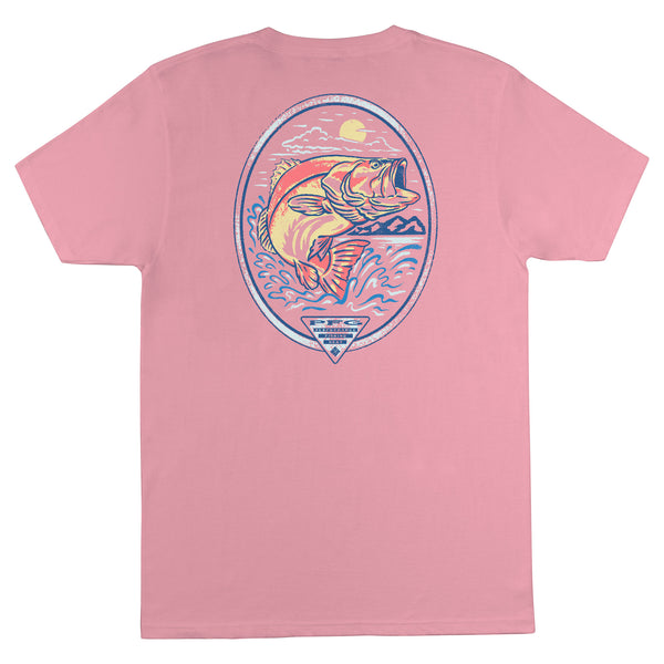 Pink t-shirt with a colorful fish graphic on the back against a white background