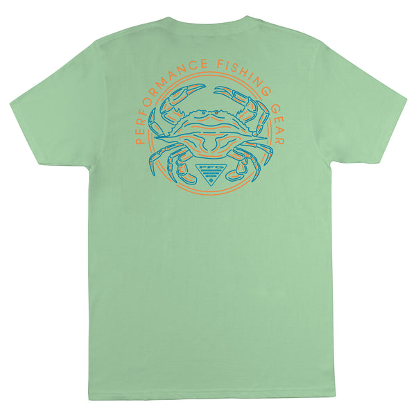 Light green t-shirt with a crab graphic and text on the back, on a white background