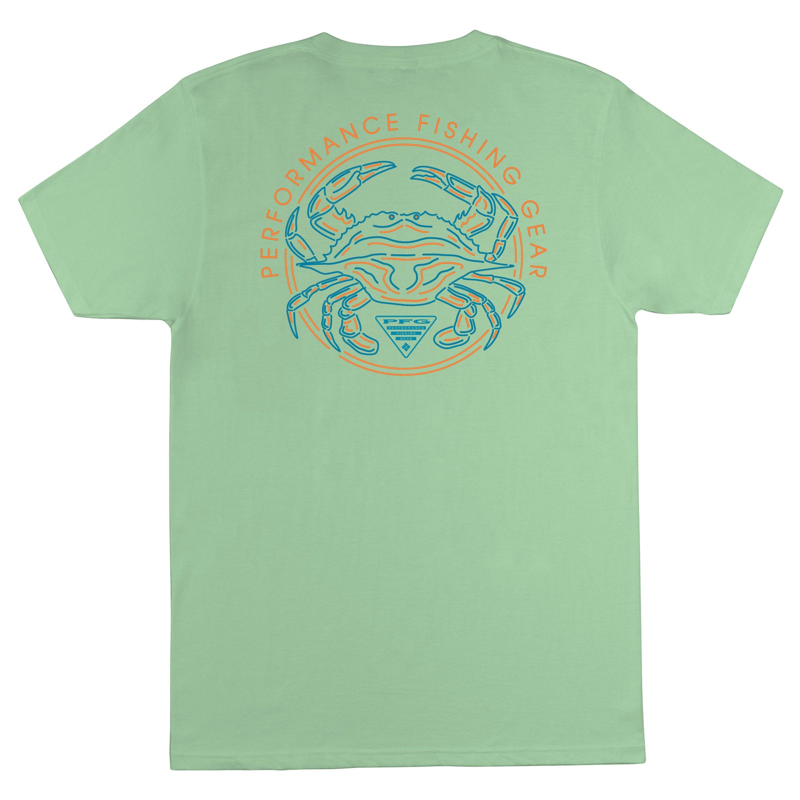 Light green t-shirt with a crab graphic and text on the back, on a white background