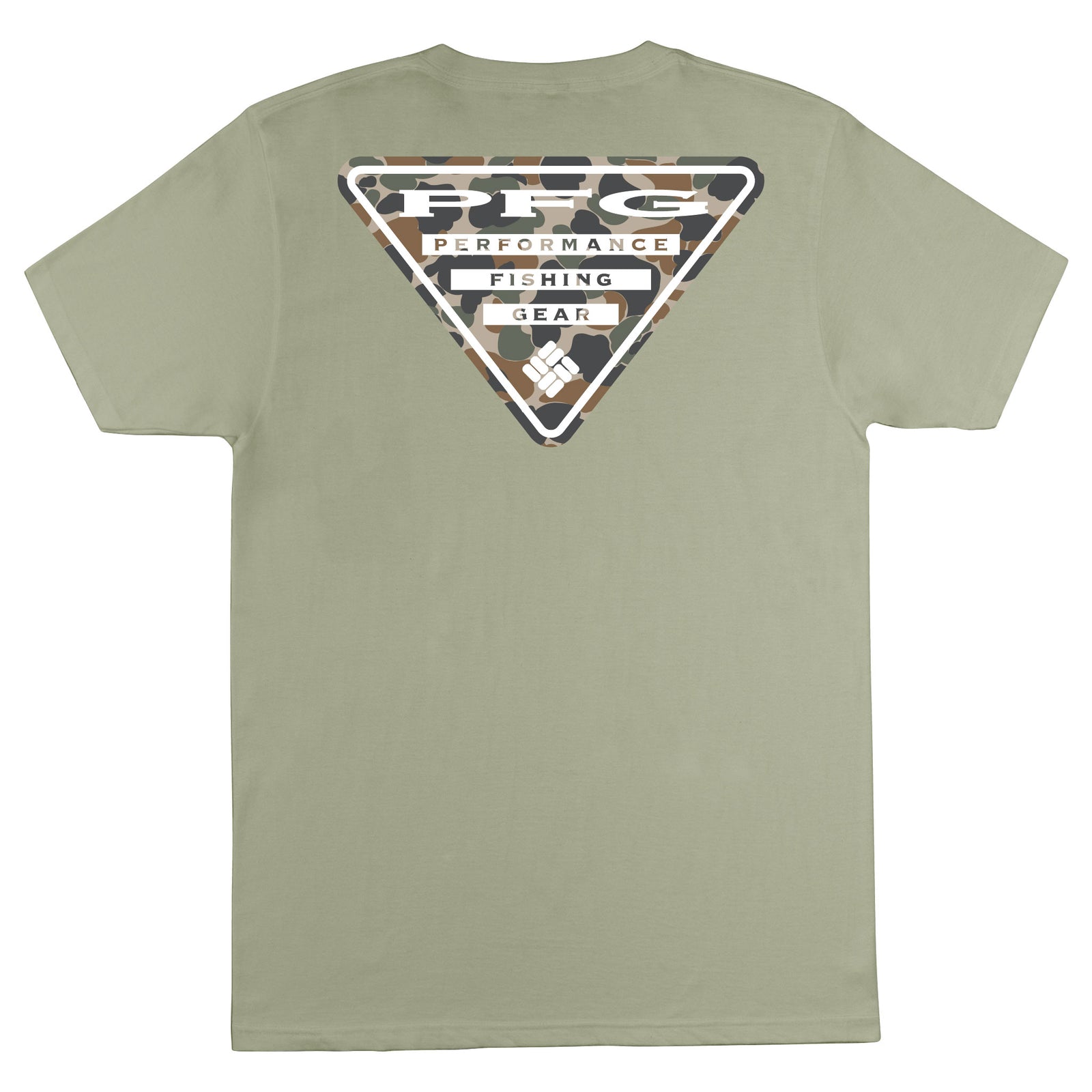 Green t-shirt with a triangle logo on the back on a white background