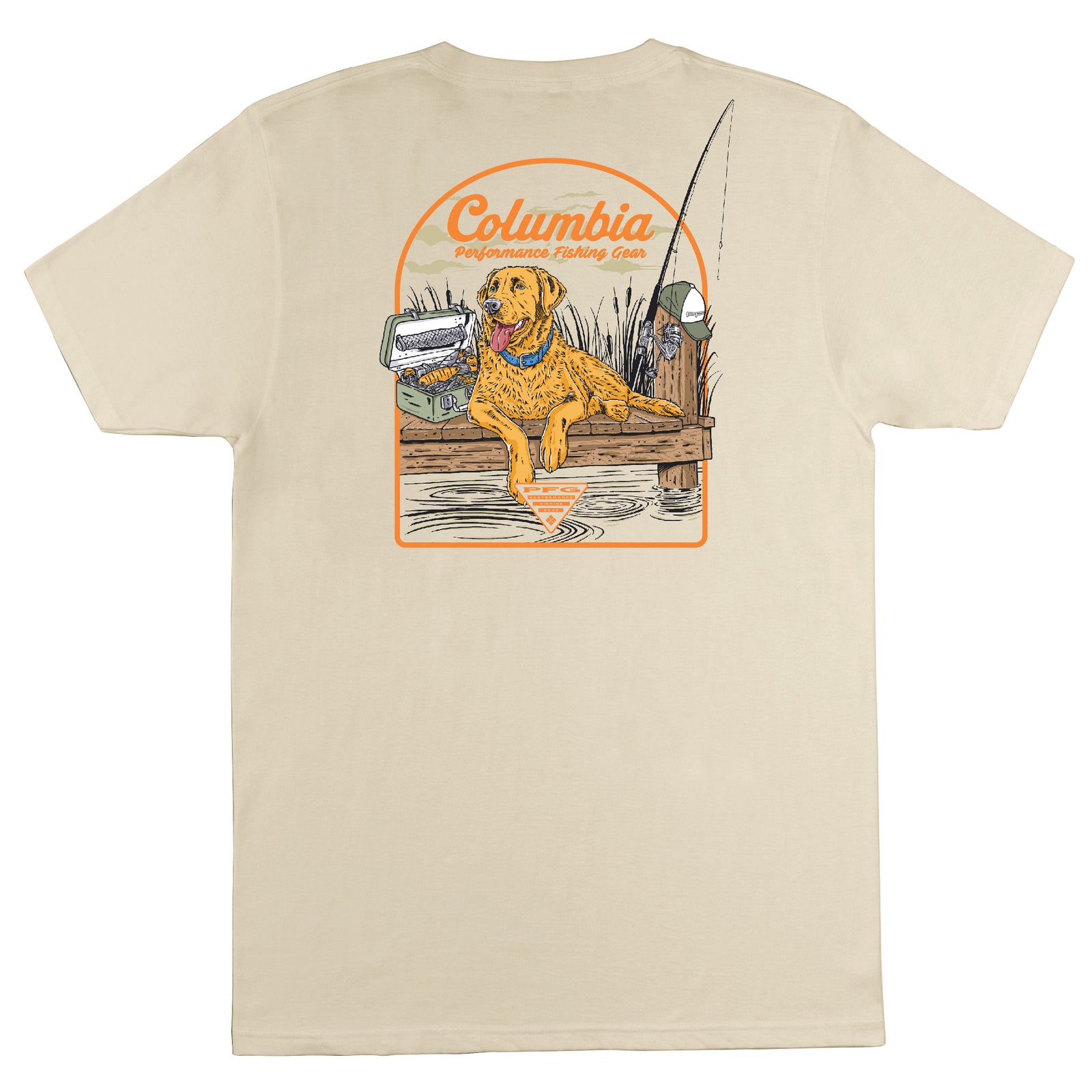 Beige t-shirt with a dog illustration and Columbia logo on the back