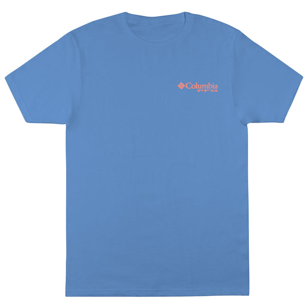 Blue t-shirt with Columbia logo on a white background