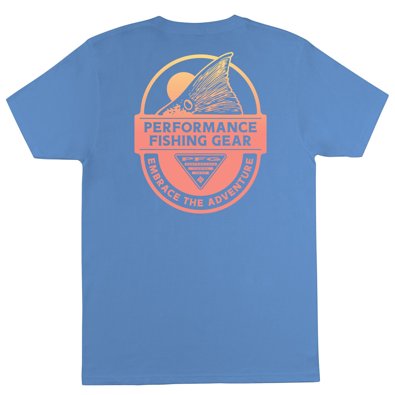 Blue t-shirt with 'Performance Fishing Gear' logo on the back