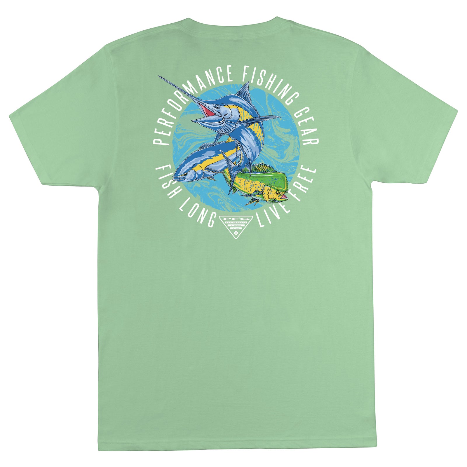 Light green t-shirt with a fish graphic and text on the back
