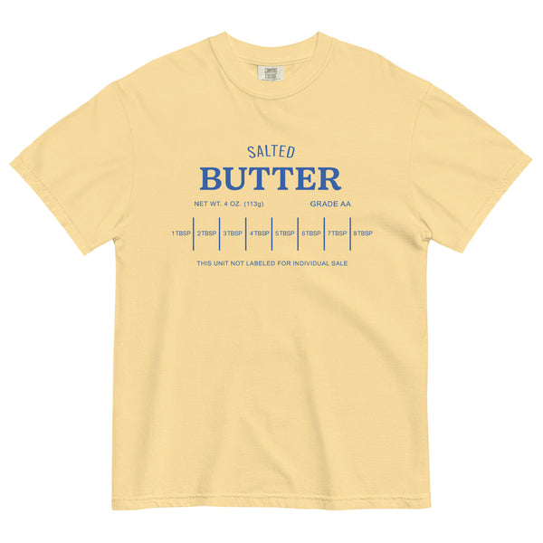 Yellow t-shirt with 'Salted Butter' graphic design on a white background