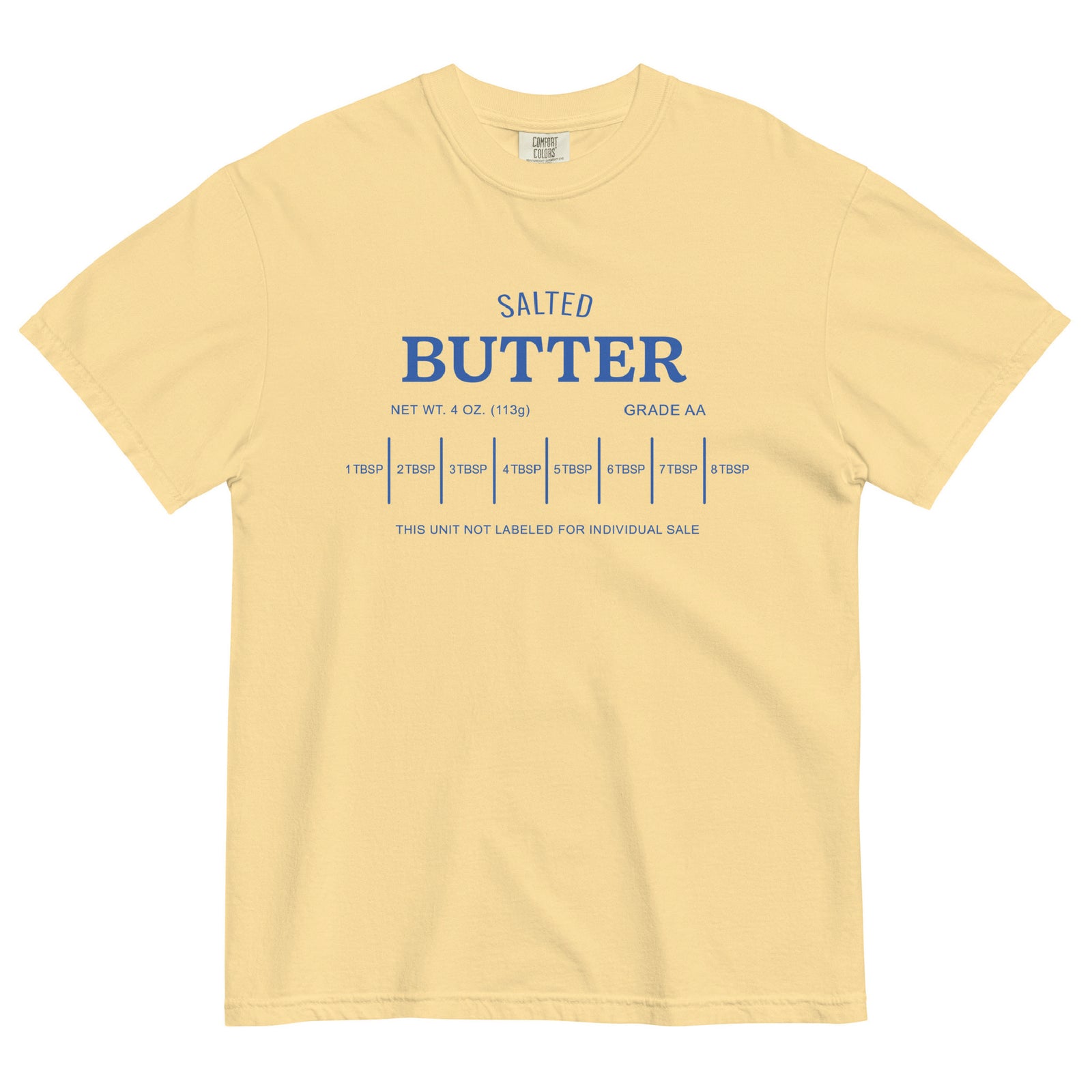 Yellow t-shirt with 'Salted Butter' graphic design on a white background