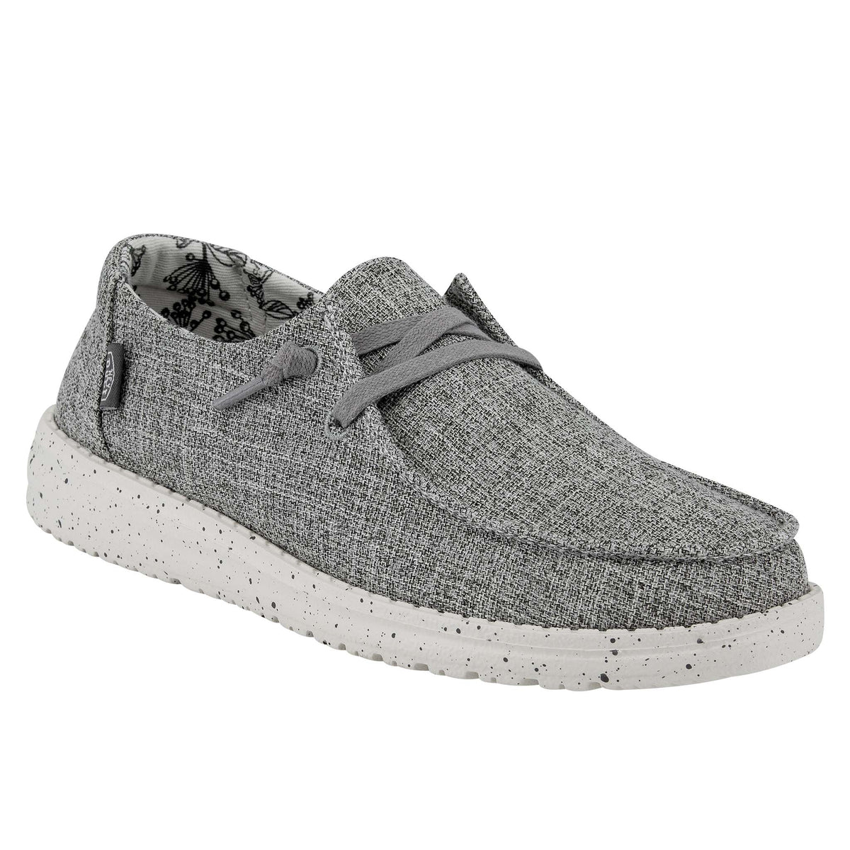 Gray textured sneaker with white sole on a white background