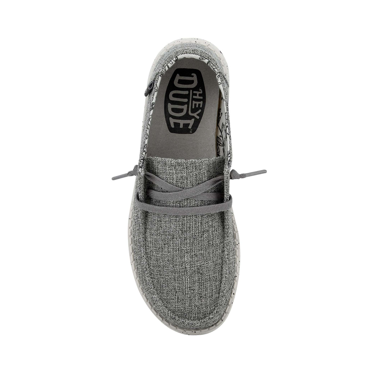 Gray casual shoe with 'Hey Dude' branding on a white background