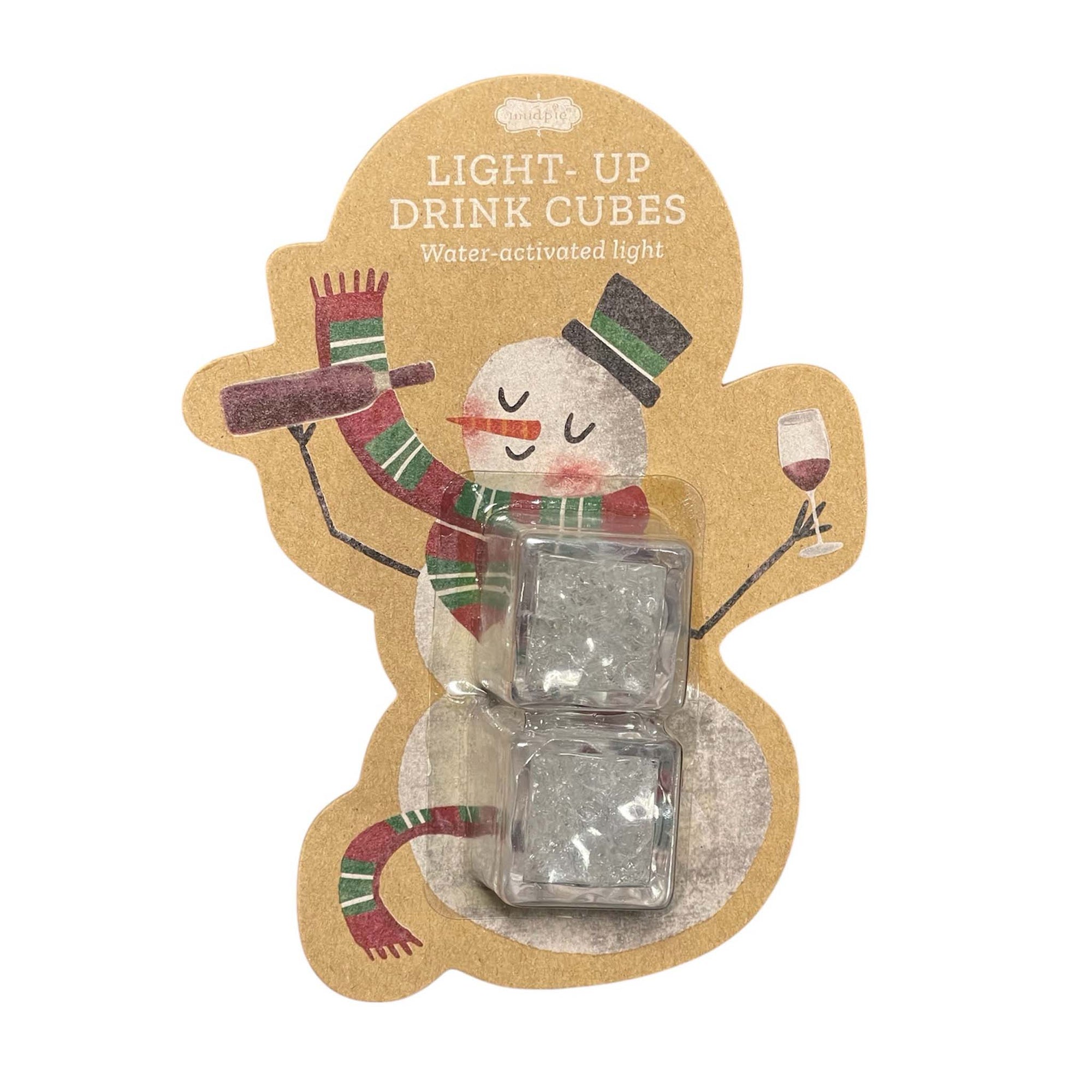 Mud Pie Light-Up Drink Cubes set on snowman-shaped packaging with two clear cubes inside, featuring a snowman holding a wine bottle and glass.