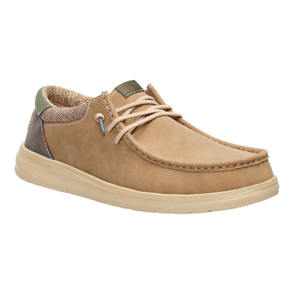 Tan casual shoe with green accents on a white background