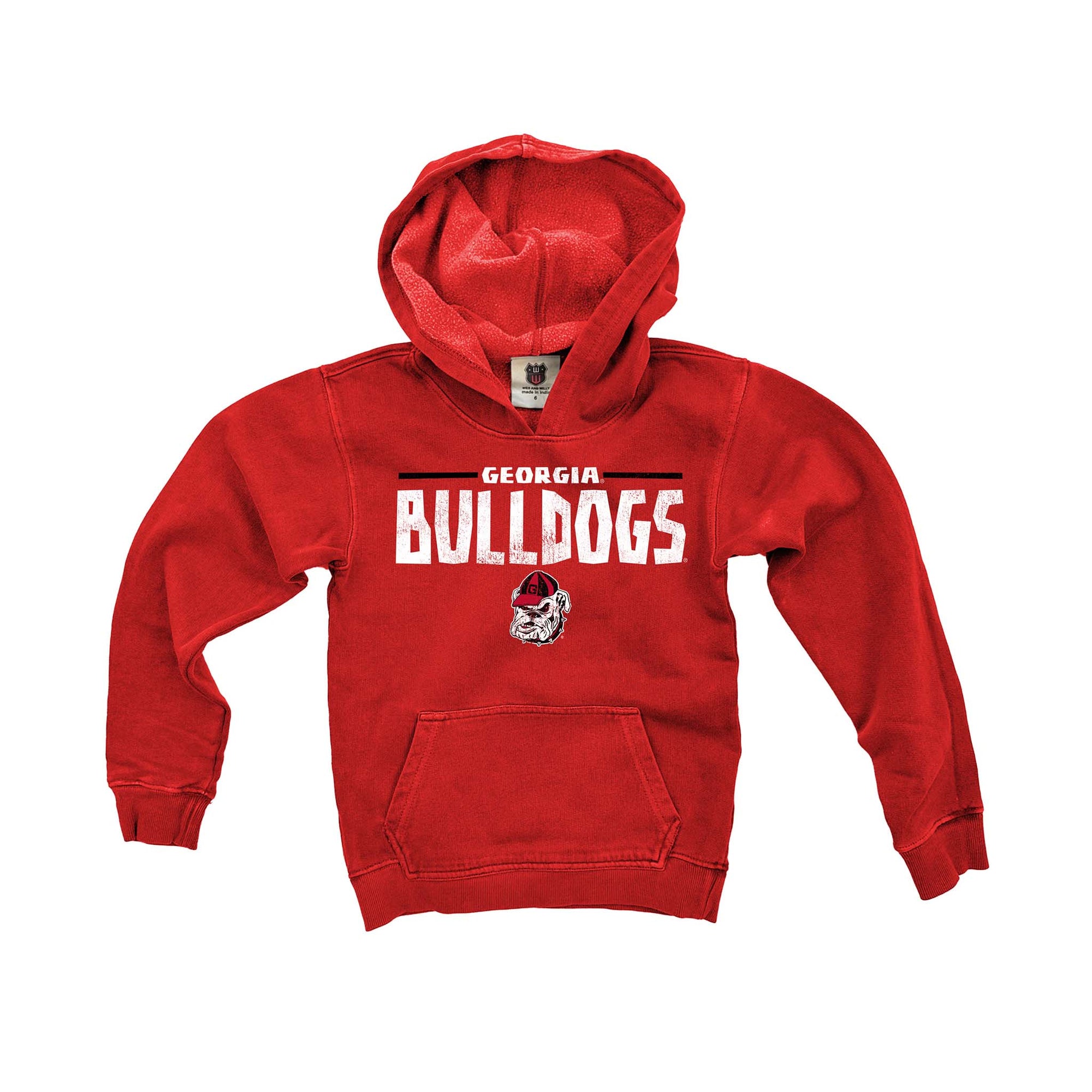 Red Georgia Bulldogs youth hoodie with team name and bulldog mascot on chest.