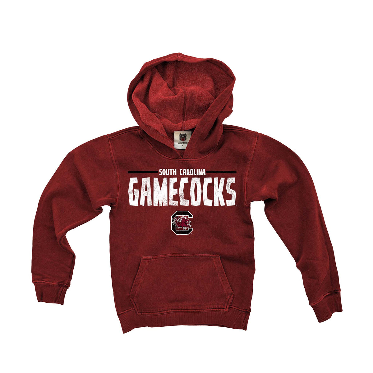 Garnet South Carolina Gamecocks youth hoodie with bold white text and team logo on front, featuring kangaroo pocket and ribbed cuffs.