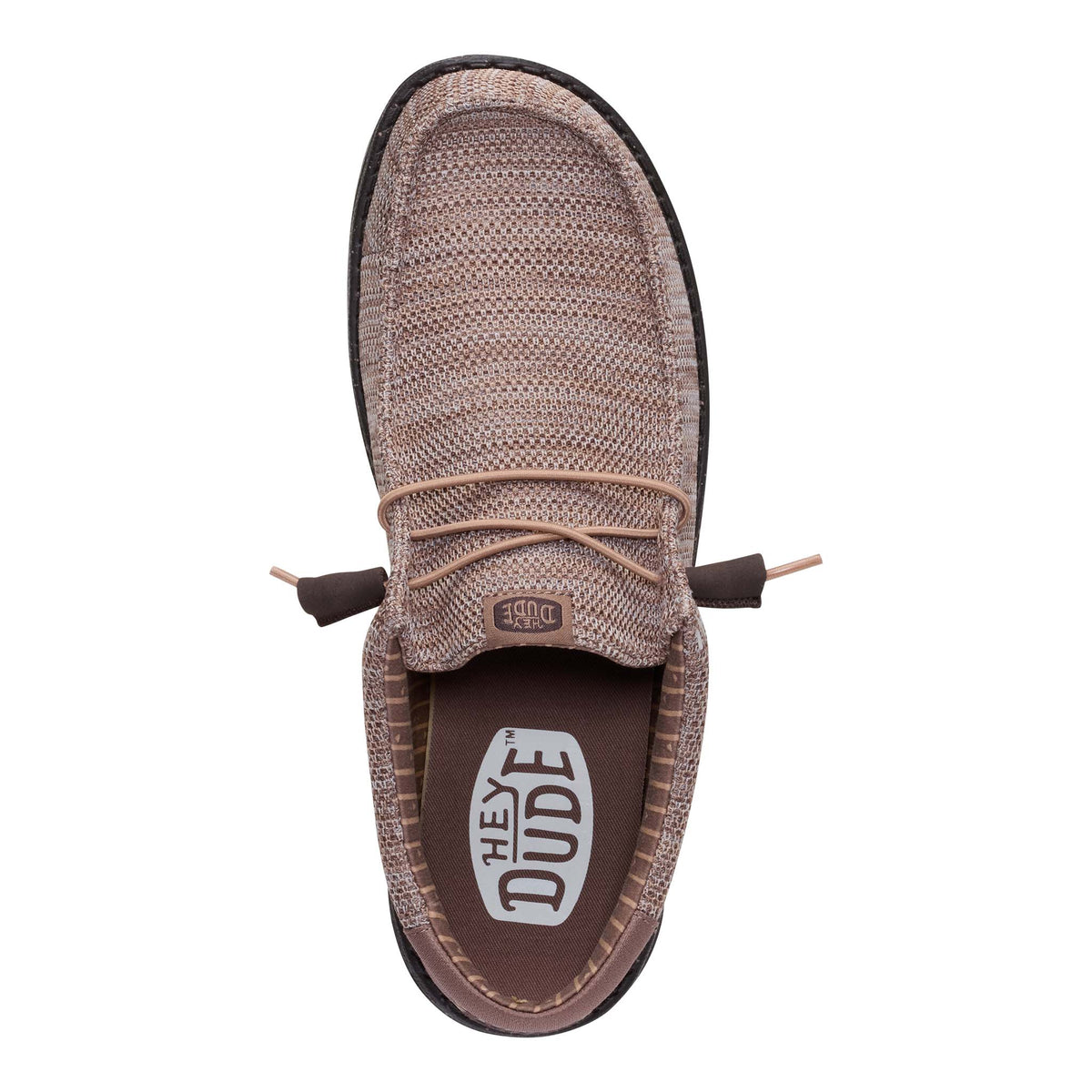 Brown textured loafer shoe with 'Hey Dude' branding on a white background