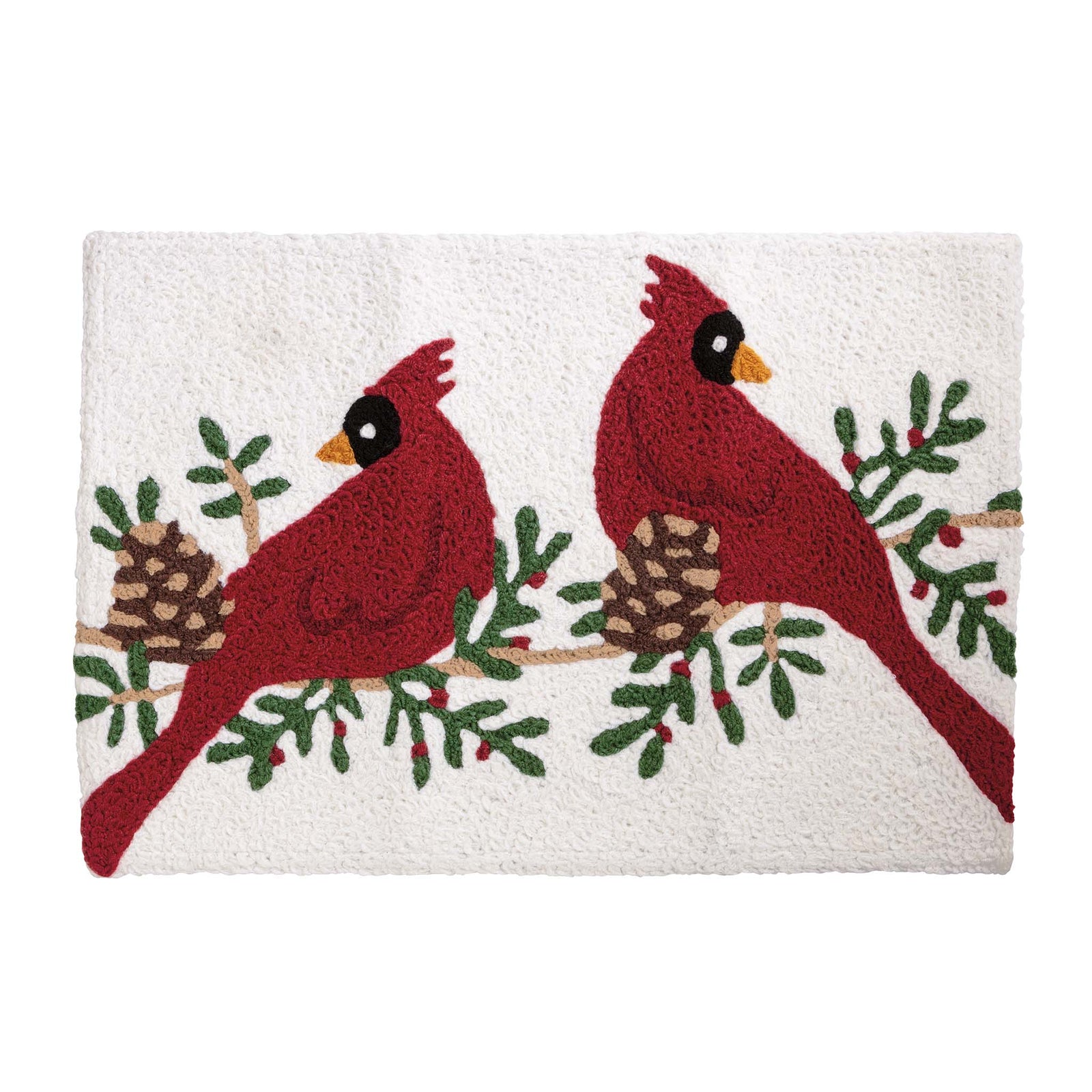 Decorative mat with red cardinals on a branch, pinecones, and greenery on a white background