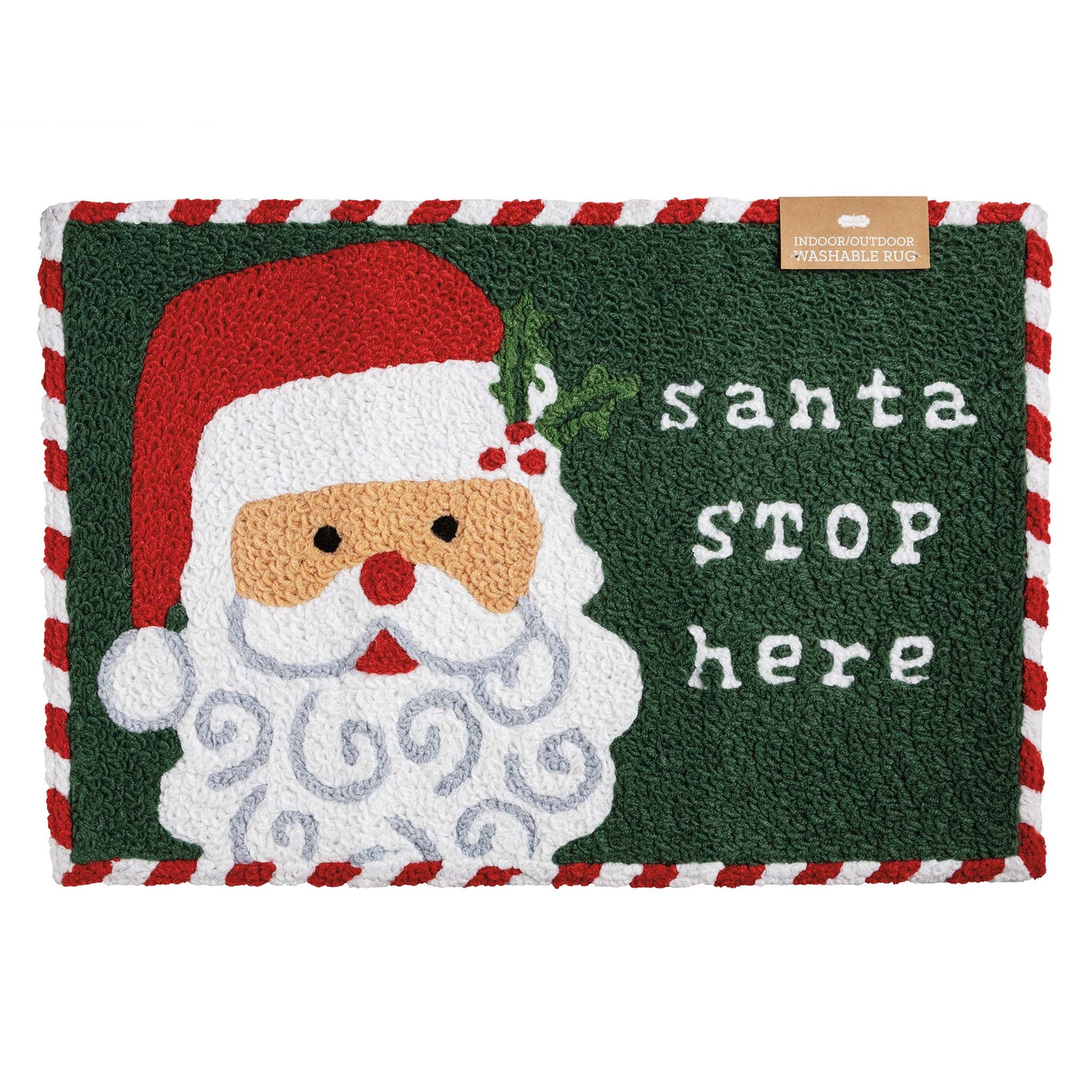 Christmas doormat with Santa Claus design and 'Santa Stop Here' text on a green background.