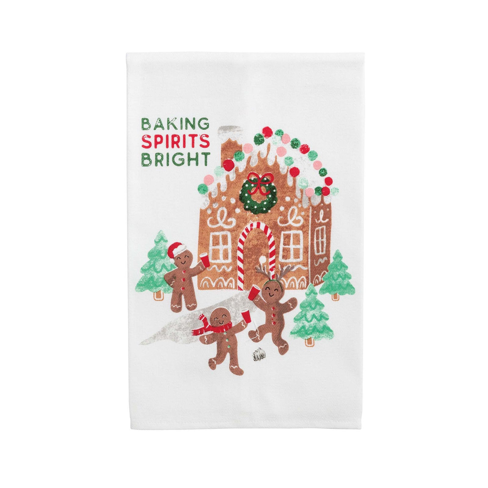 Decorative towel with gingerbread men and a candy cane house design, featuring the text 'Baking Spirits Bright'.