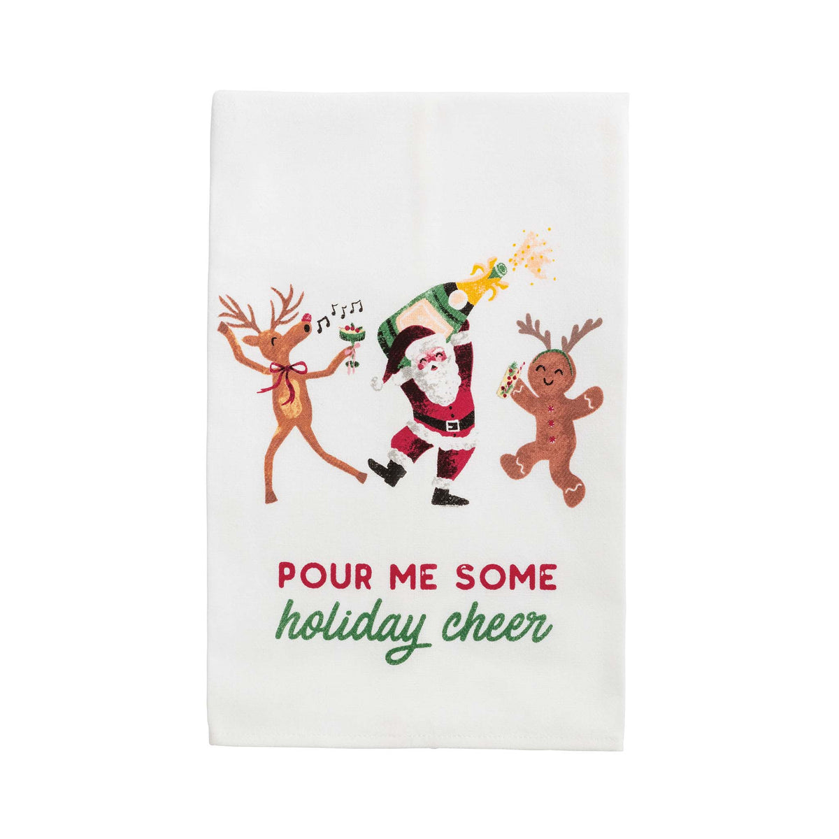 Decorative towel with Christmas-themed design featuring Santa, reindeer, and gingerbread man on a white background.