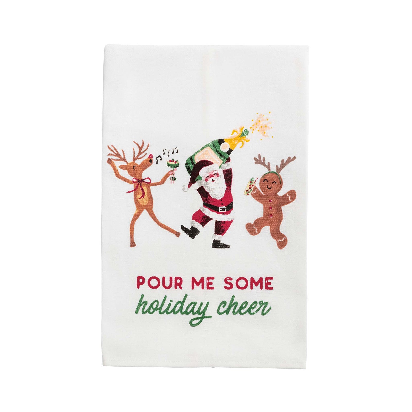 Decorative towel with Christmas-themed design featuring Santa, reindeer, and gingerbread man on a white background.