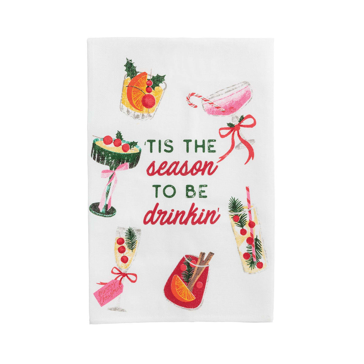 Decorative towel with Christmas-themed cocktails and text 'Tis the season to be drinkin'' on a white background.