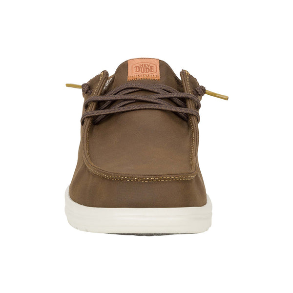 Front view of Hey Dude Paul Classic shoe in brown with stitched moc toe and lace-up detail.