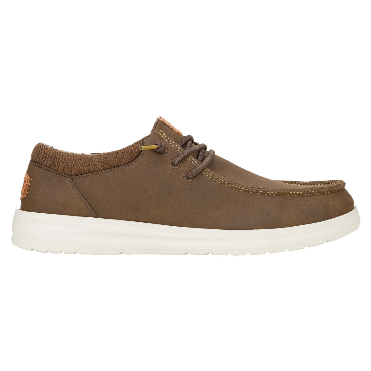 Hey Dude Paul Classic shoe in brown shown from the side with white sole and brown laces.