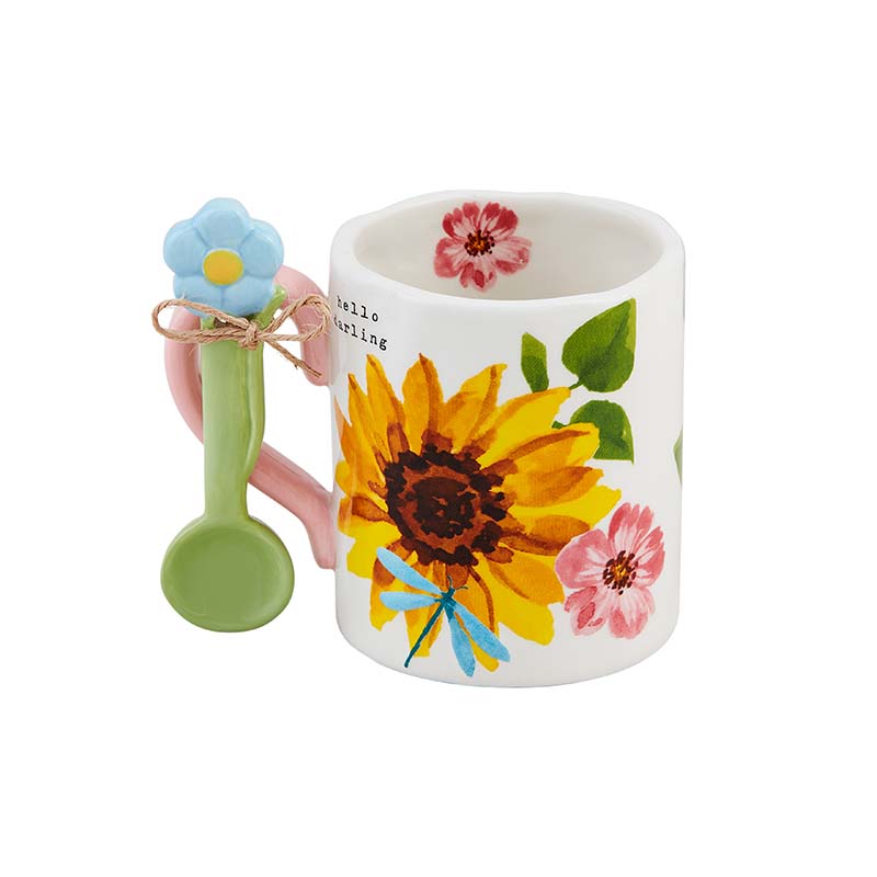 Yellow Floral Mug With Spoon