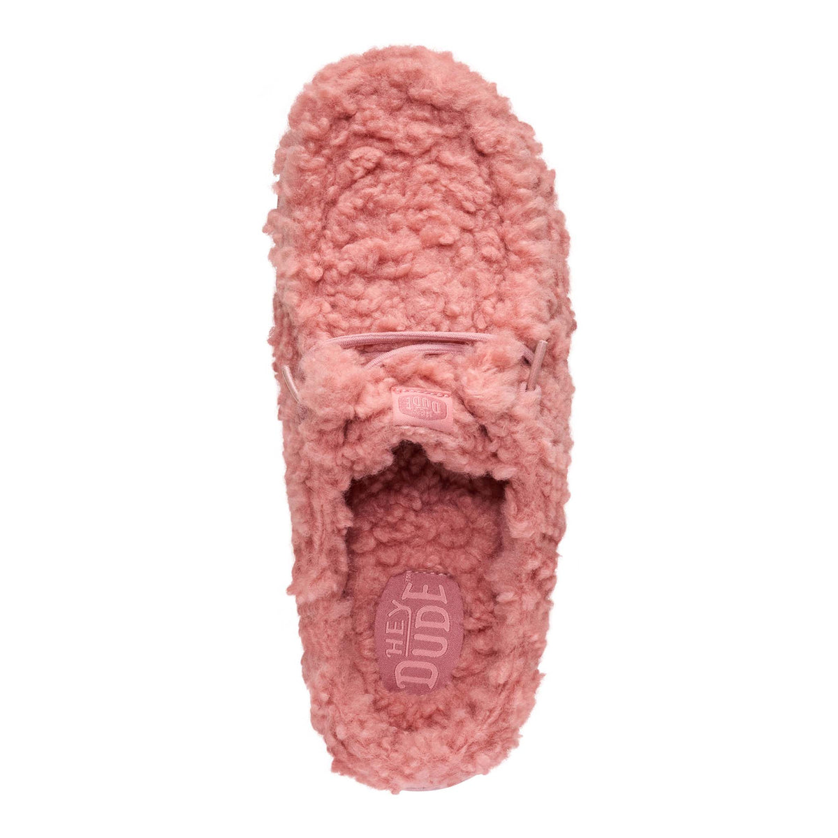 Pink fuzzy slipper with 'Hey Dude' branding on a white background