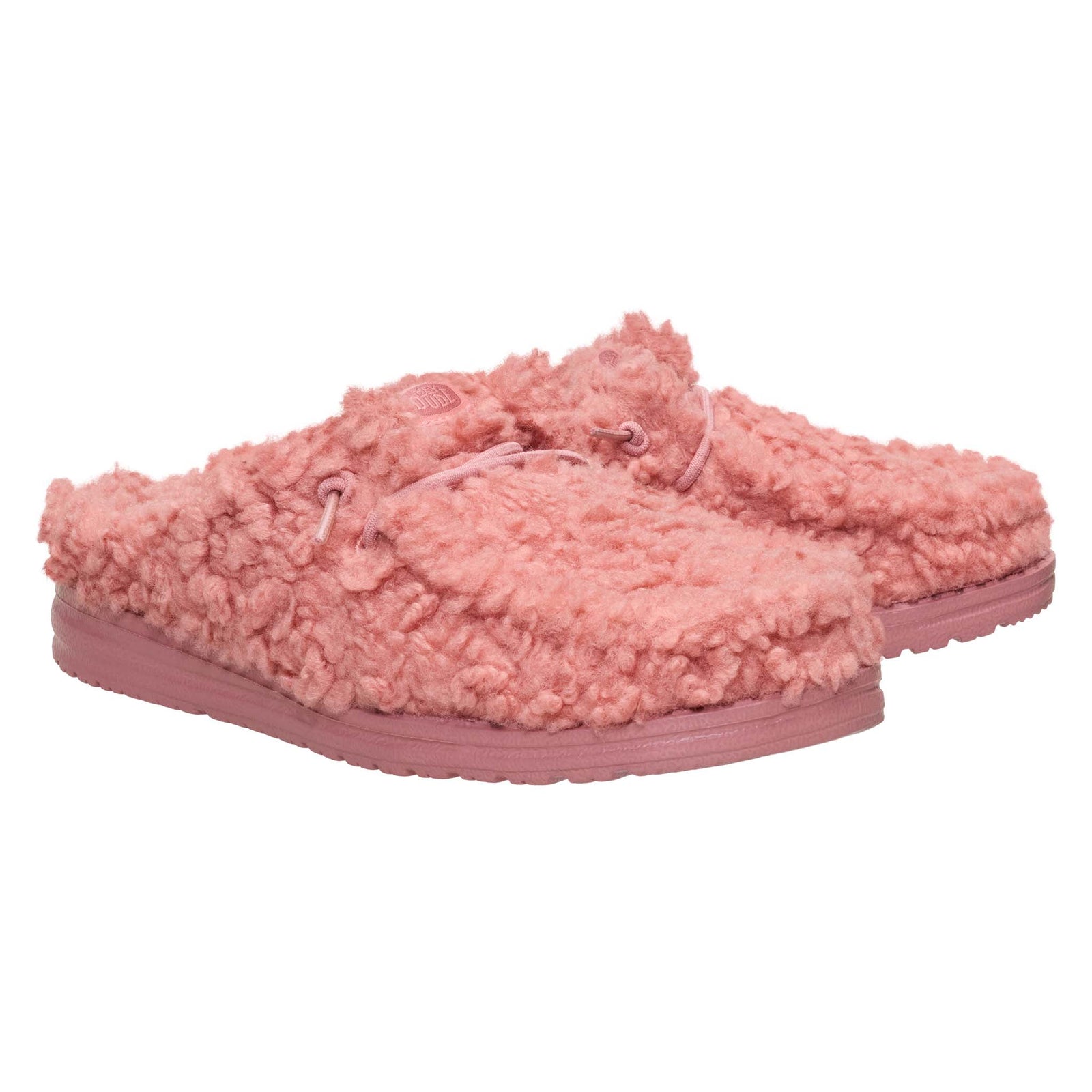 Pink fuzzy slippers on a white background
