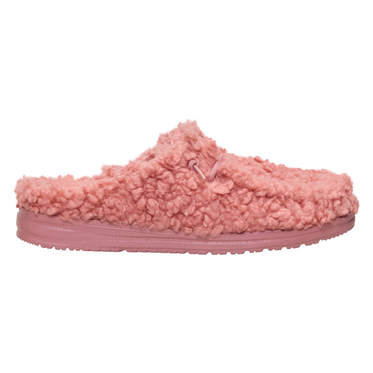 Pink fuzzy slipper on a white background