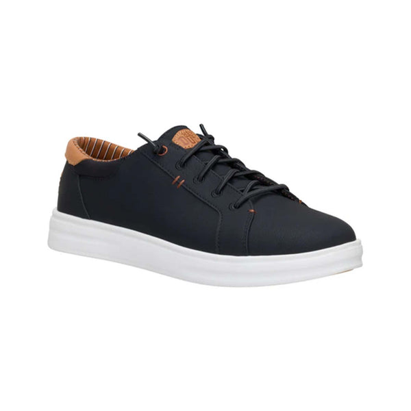 Side angle of Hey Dude Paul Pro Classic Shoes in Black with tan collar detail and white outsole.