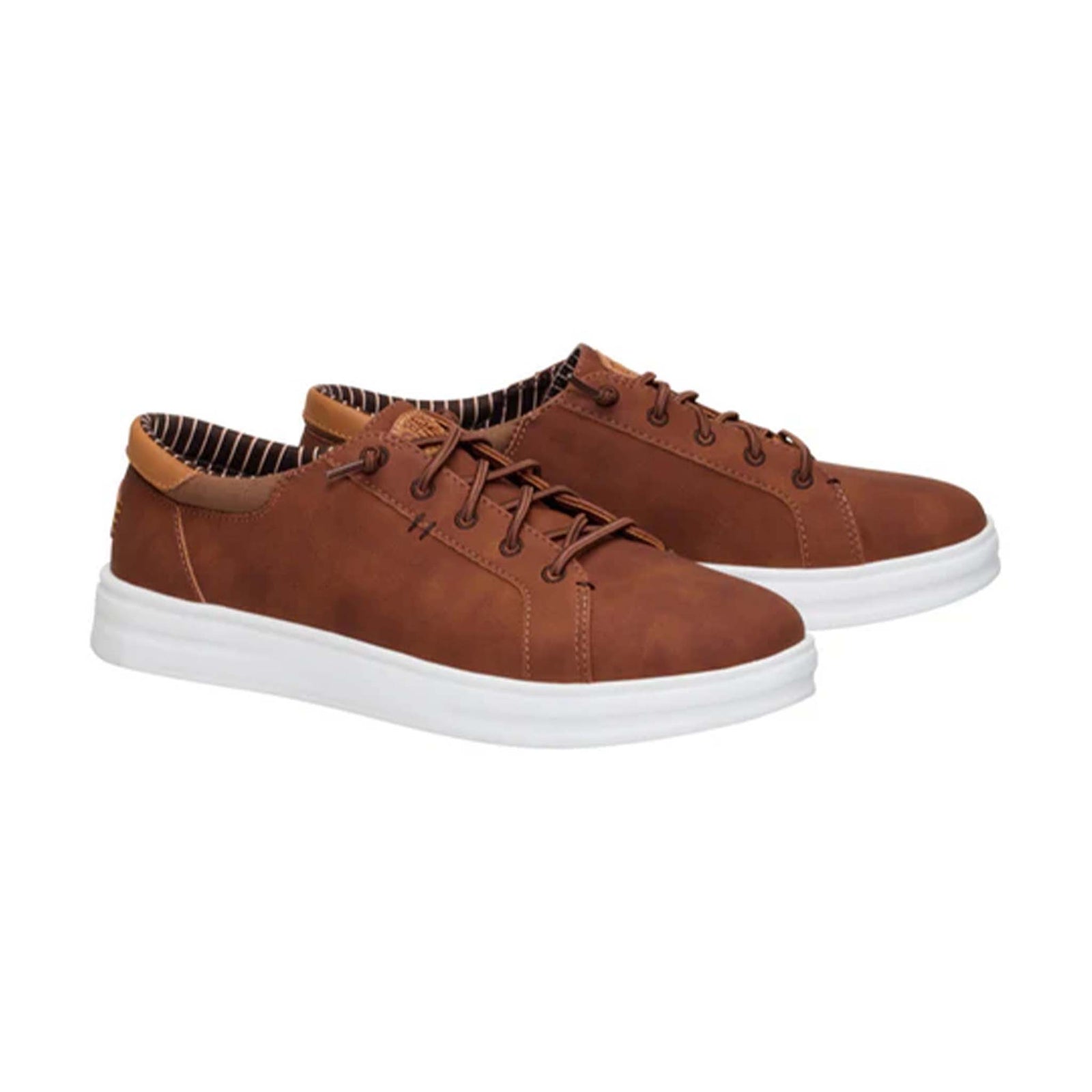 Pair of Hey Dude Paul Pro Classic Shoes in Cognac shown from a front-side angle with laces.