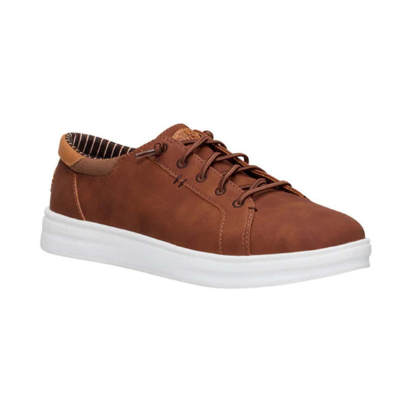 Side angle of Hey Dude Paul Pro Classic Shoes in Cognac showing the upper and white midsole.