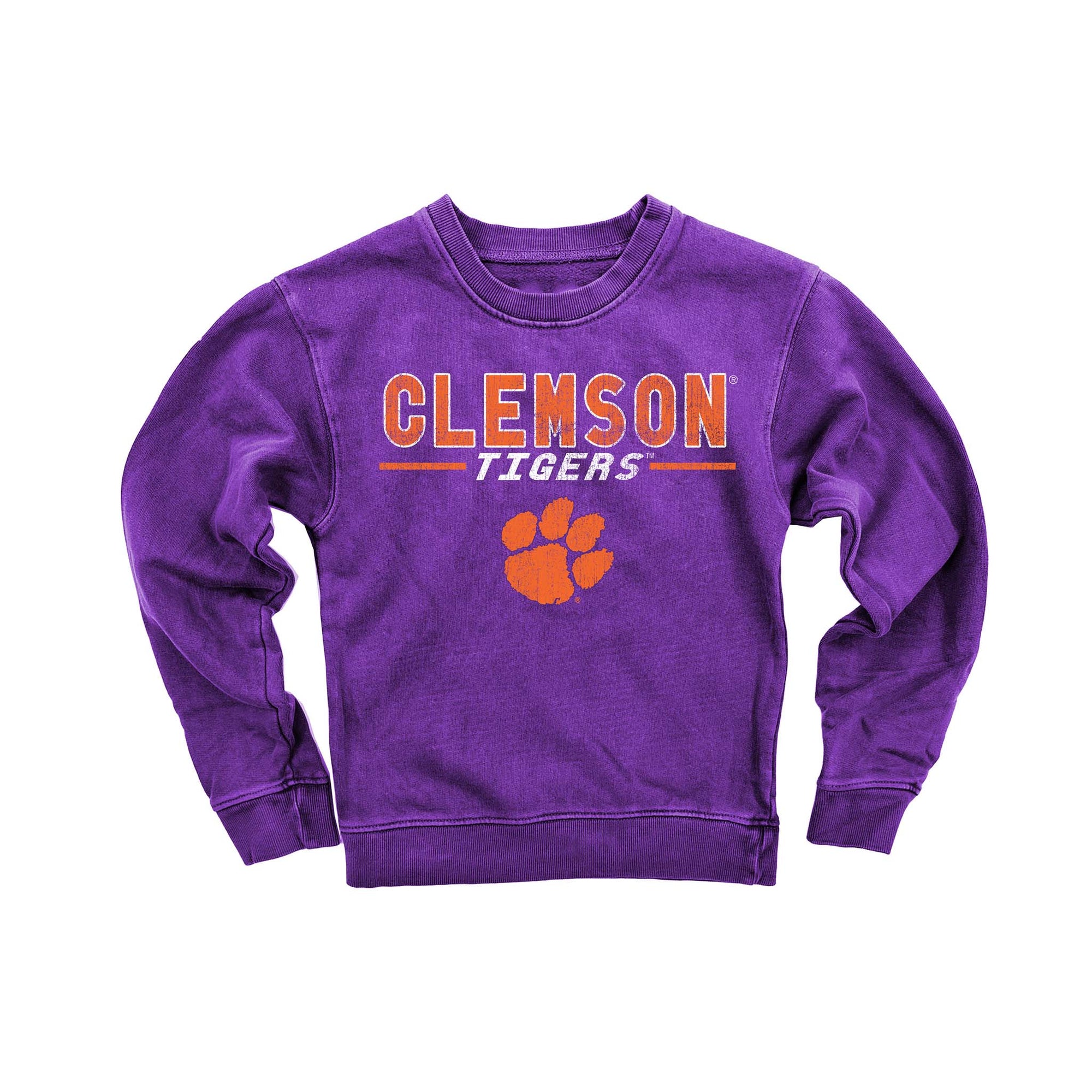 Purple Clemson Tigers crewneck sweatshirt with orange team name and paw logo.