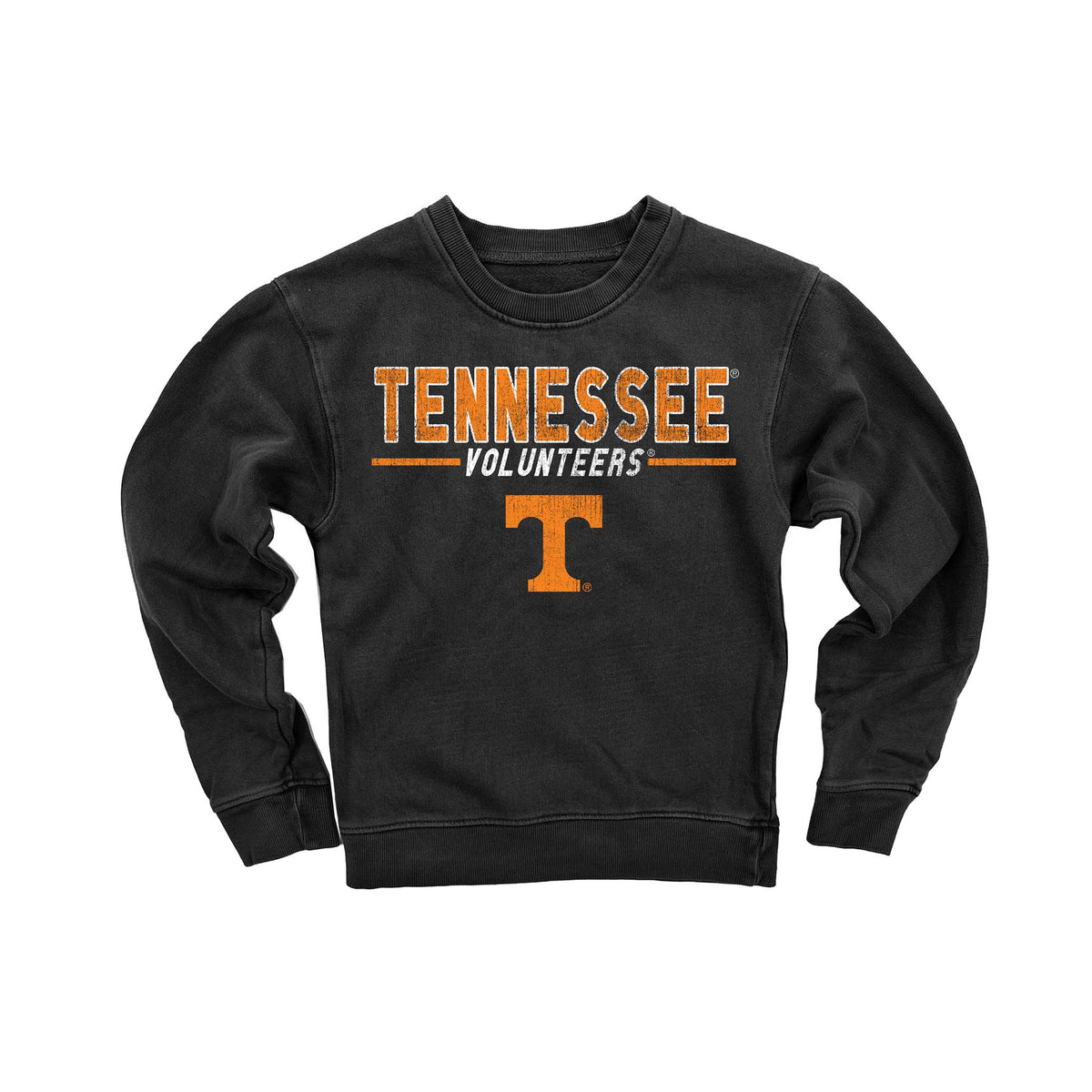 Black Tennessee Volunteers crewneck sweatshirt with orange team name and Power T logo.