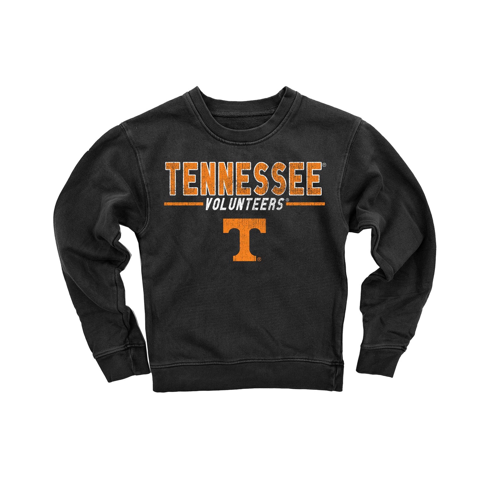 Black Tennessee Volunteers crewneck sweatshirt with orange team name and Power T logo.