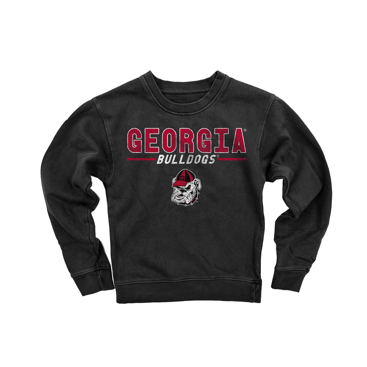 Black Georgia Bulldogs crewneck sweatshirt with team name and bulldog mascot logo.