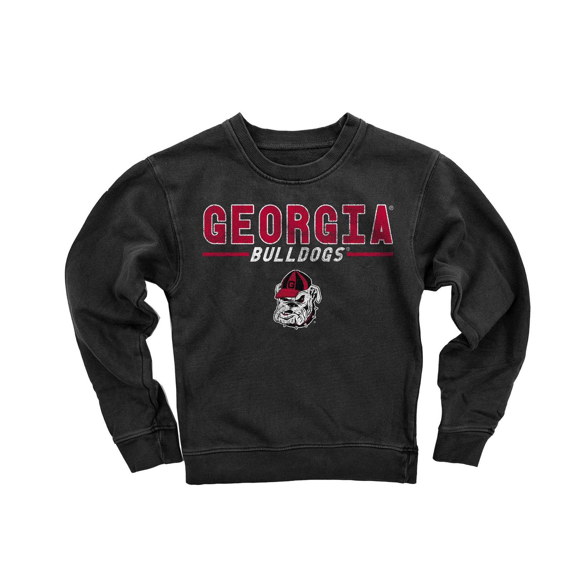 Black Georgia Bulldogs crewneck sweatshirt with team name and bulldog mascot logo.