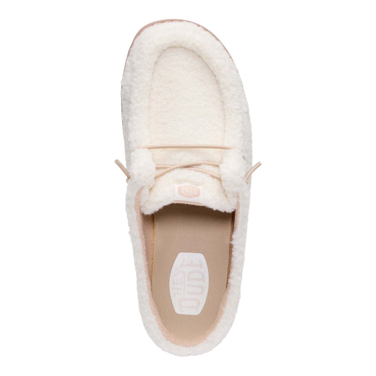 White fuzzy slipper with a beige interior on a white background