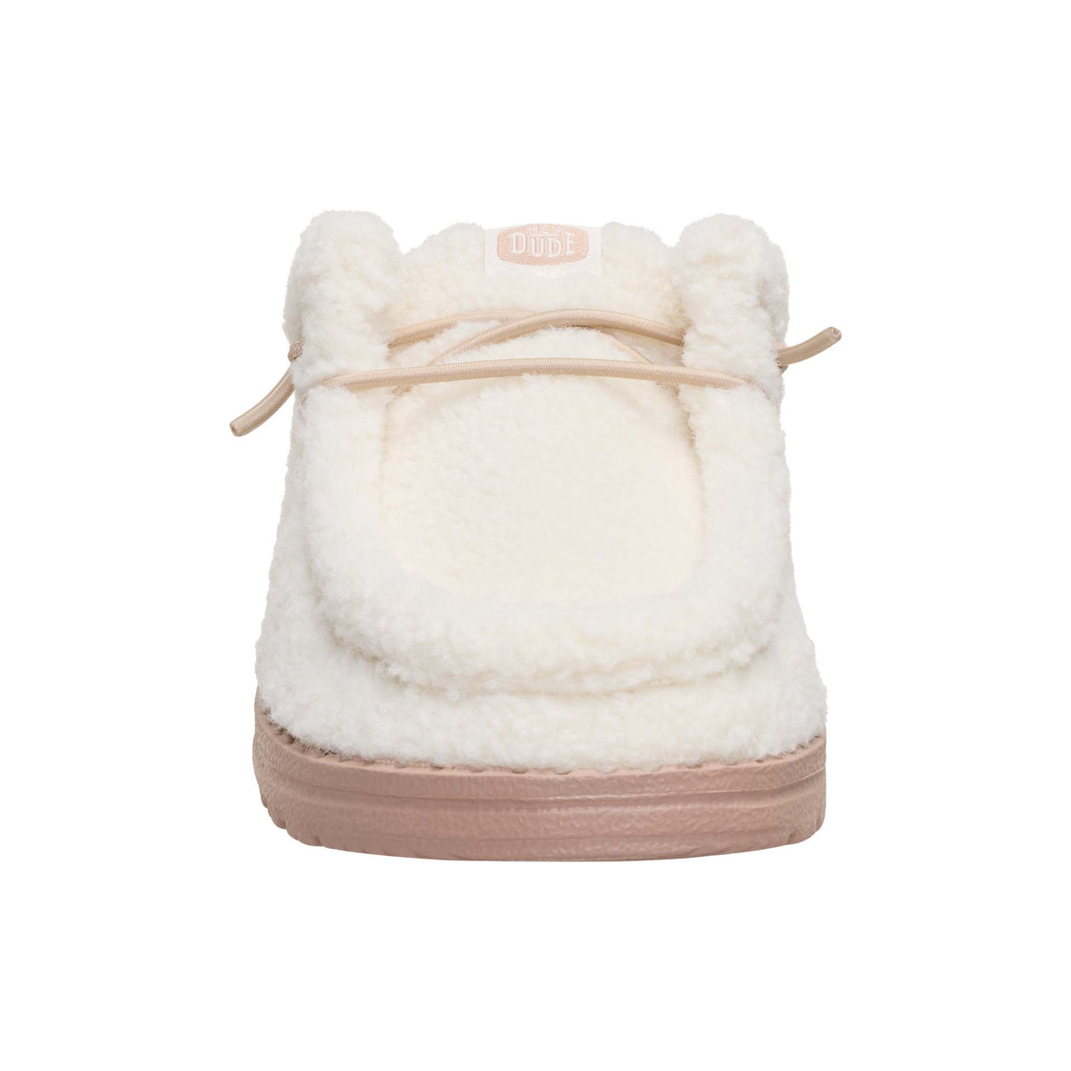 White fuzzy boot with a brown sole on a white background